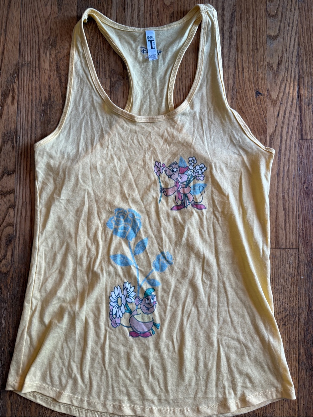 Disney Yellow Racerback Tank Top with Floral cinderella mice Print adult M